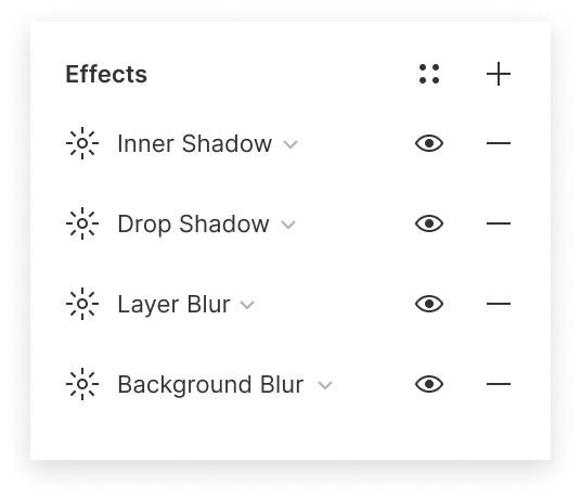 Image showing the Effects section of the properties panel with four effects applied