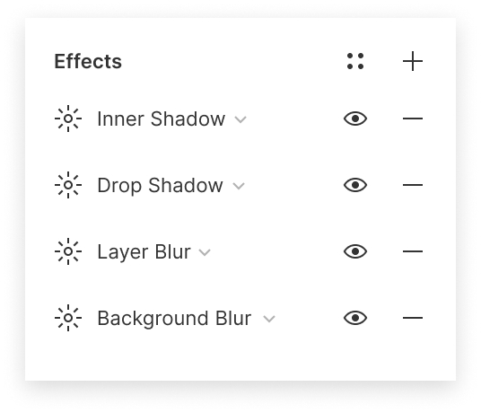 Image showing the Effects section of the properties panel with four effects applied